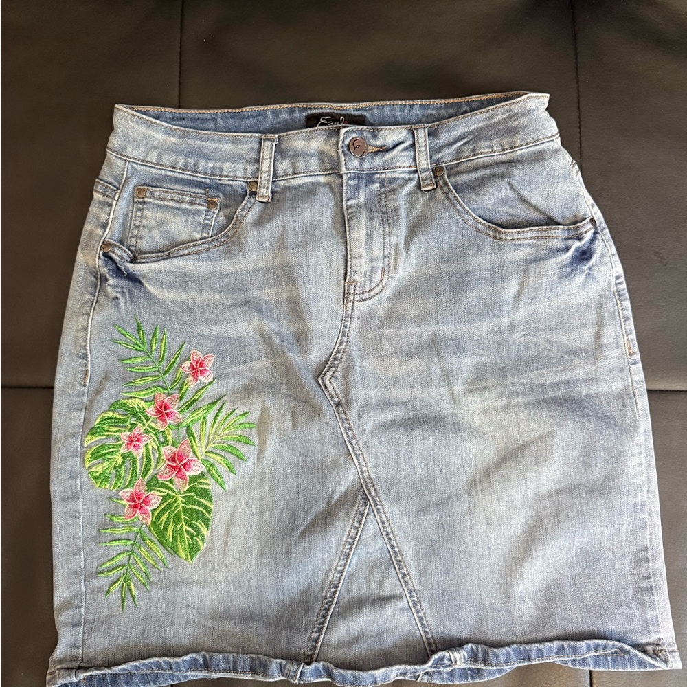Earl Jeans Light Blue Denim Mini Skirt with Pink Floral Embroidery